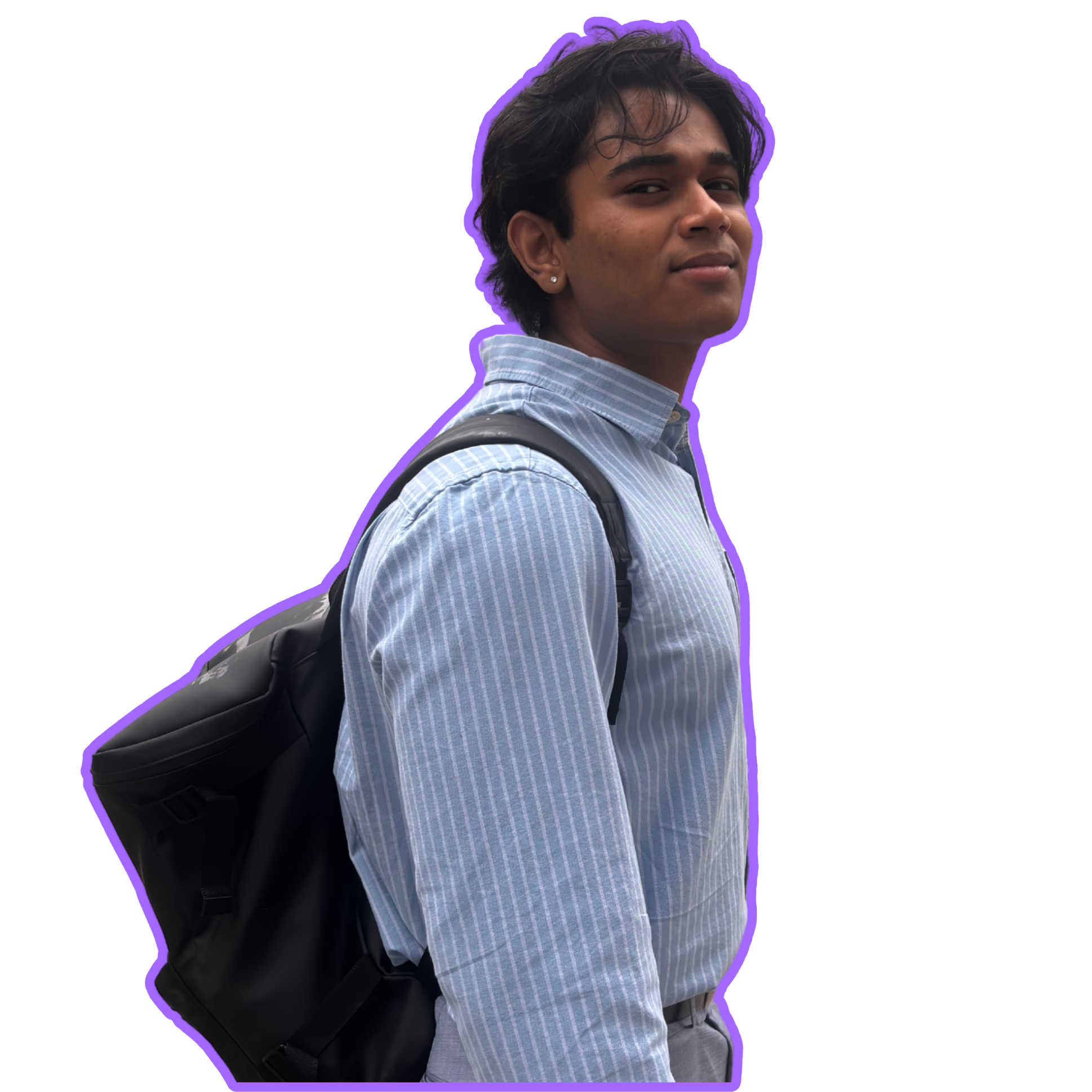 Portrait of Harsh Shah wearing a striped shirt and backpack, outlined in purple