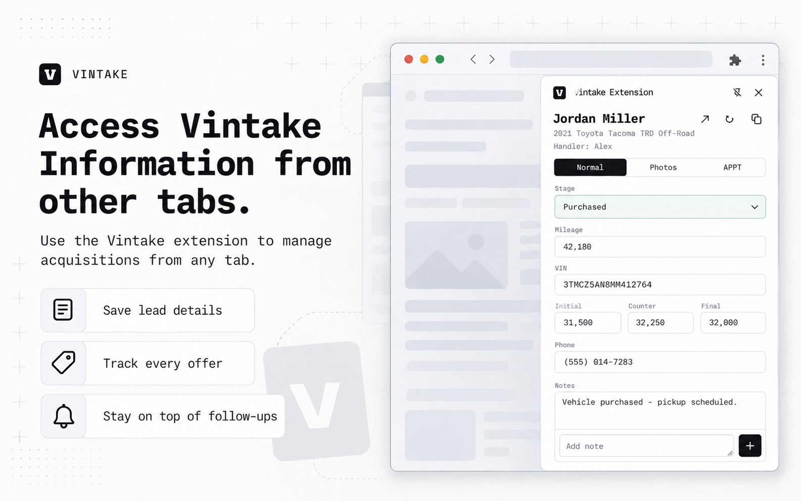 Vintake extension for managing vehicle details, offers, and acquisition workflow from other browser tabs
